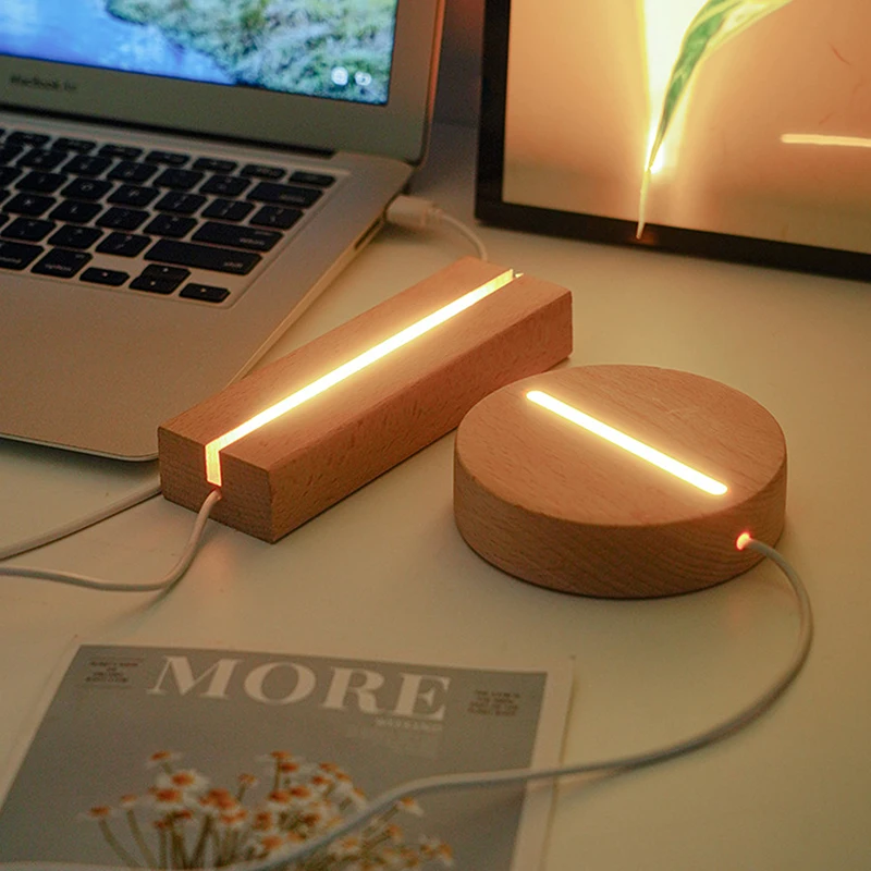 Praktické LED Dreva Displej Základne Obdĺžnik Crystal USB Osvetlené Stojan 3D Ručné USB Drevený Základ Ozdoby, Výzdoba1