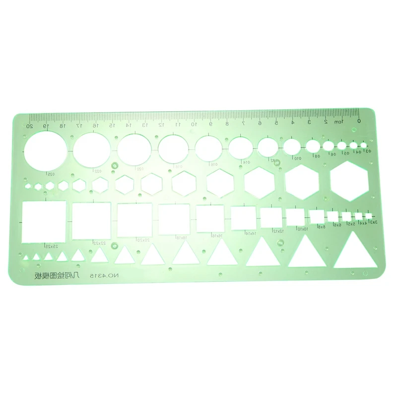 2X Zelené Plastové Kruhy, Štvorce Šesťuholníkov Geometrické Šablóny, Pravítka 0-20 cm2