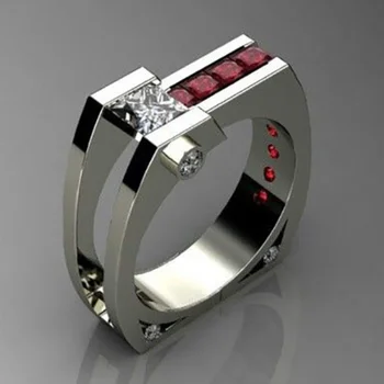 Delikátna Jemná Strieborná Farba Geometrie Prstene pre Ženy Módne Kovové Vykladané Červený Biely Kameň Svadobné Šperky, Zásnubné
