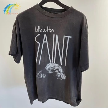 Jednoduchý Klasický List Logo Tlače Saint Michael T-Shirt Muži Ženy High Street Vintage Umyté Hnedý Čaj Top Nadrozmerné T Tričko