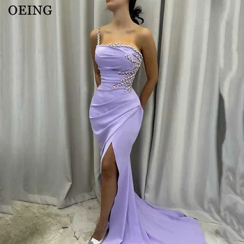 OEING Purple Prom Šaty Elegantné Crystal Popruh Bočné Split Večerné Šaty Dĺžka Podlahy Formálne Príležitosti Vestidos De Noche Gala