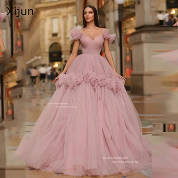 Xijun Ružová Modrá Tylu Večerné Šaty Formálne 3D Kvet Volánikmi Prom Šaty, Zlatko Štúdia Party Šaty Prom Šaty 2024
