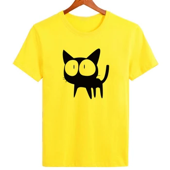Veľké Eyed Black Cat Roztomilý T-shirt pánske Letné Oblečenie Krátky Rukáv Topy Tees Bežné Tričko B074