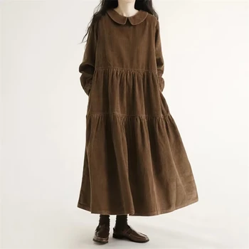 2024 Jar Jeseň Bavlna Solid Farba Vintage Šaty Pre Ženy Bežné Kórejský Štýl, Módne, Elegantné Šaty Office Lady Oblečenie