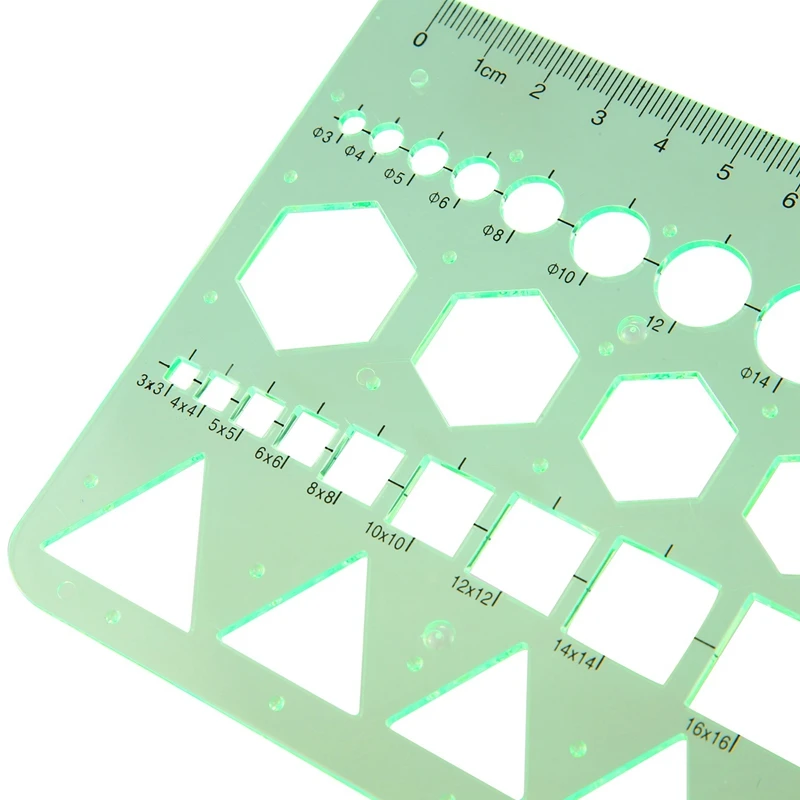 2X Zelené Plastové Kruhy, Štvorce Šesťuholníkov Geometrické Šablóny, Pravítka 0-20 cm3