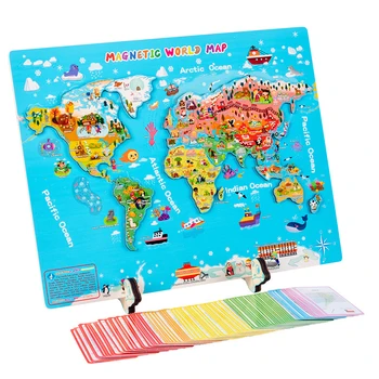 Drevené Mapa Sveta Puzzle s Národnej Vlajky na Chrbte a na 92 Krajiny Flash Kariet, Výchova Geografia Hračka Učiť Zemepis Hádanky